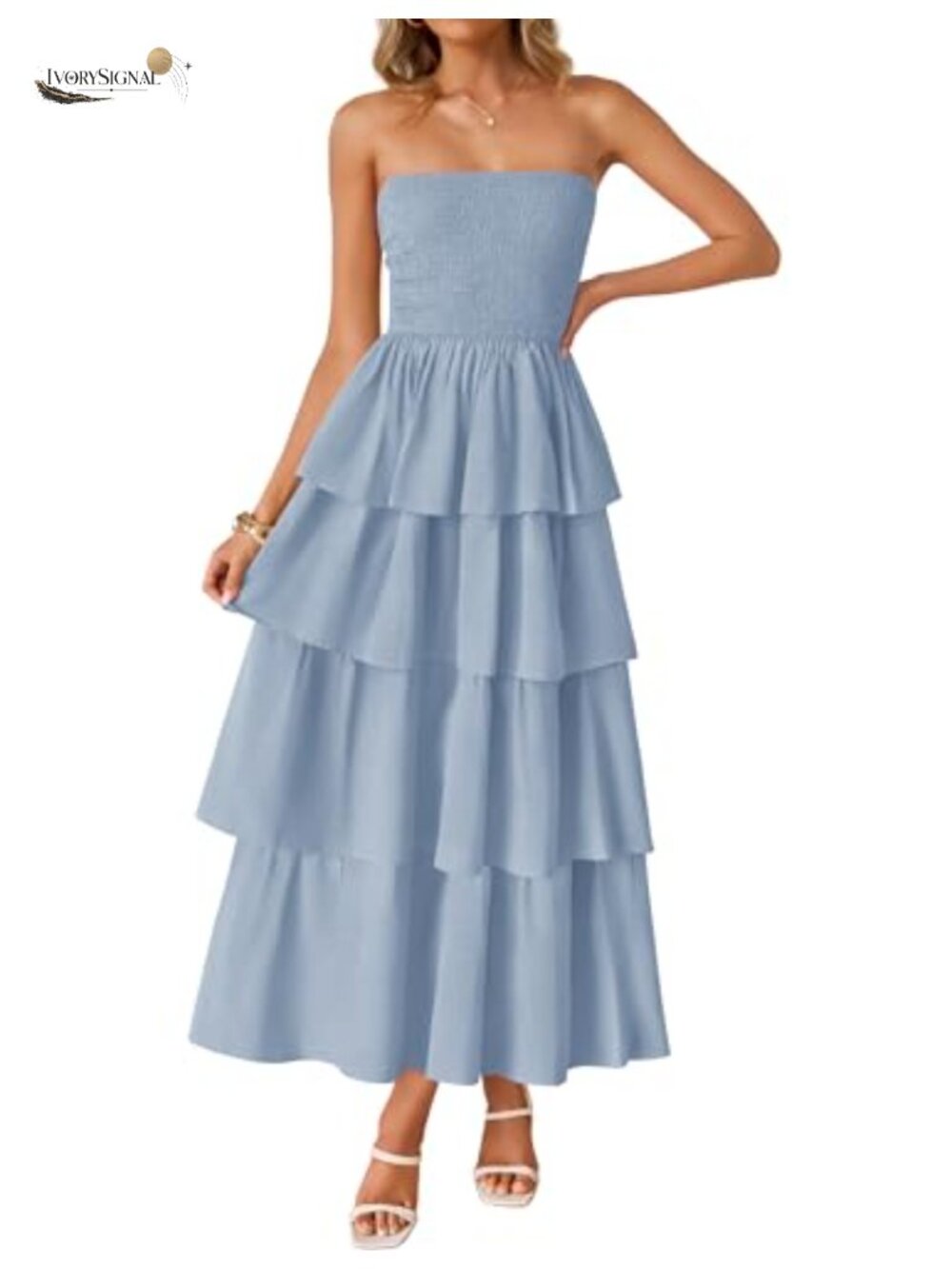 Womens Strapless Smocked Tiered Maxi Dress Summer Beach Sundress